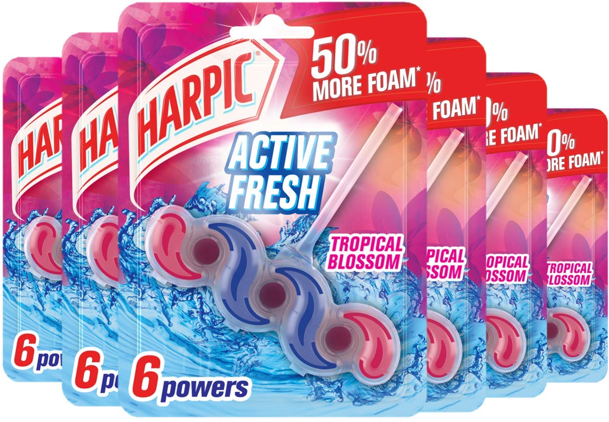 Harpic Active Fresh Toilet Rim Block, Tropical Blossom, Pack of 6 , Anti-Limescale, Dirt Remover, Lasts up to 30 weeks and up to 1250 flushes, Toilet Cleaner, Toilet Freshener