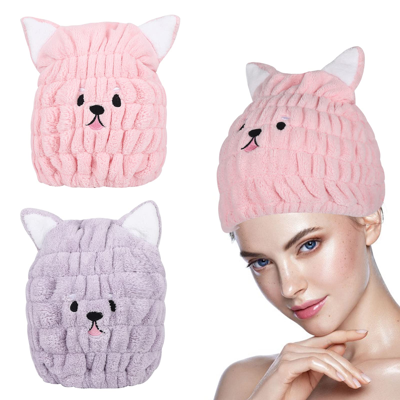 2-Piece Dry Hair Cap - Microfiber Quick Drying Bath Cap with Cute Cat Ears - Super Absorbent Hair Towel Wrap for Women & Girls