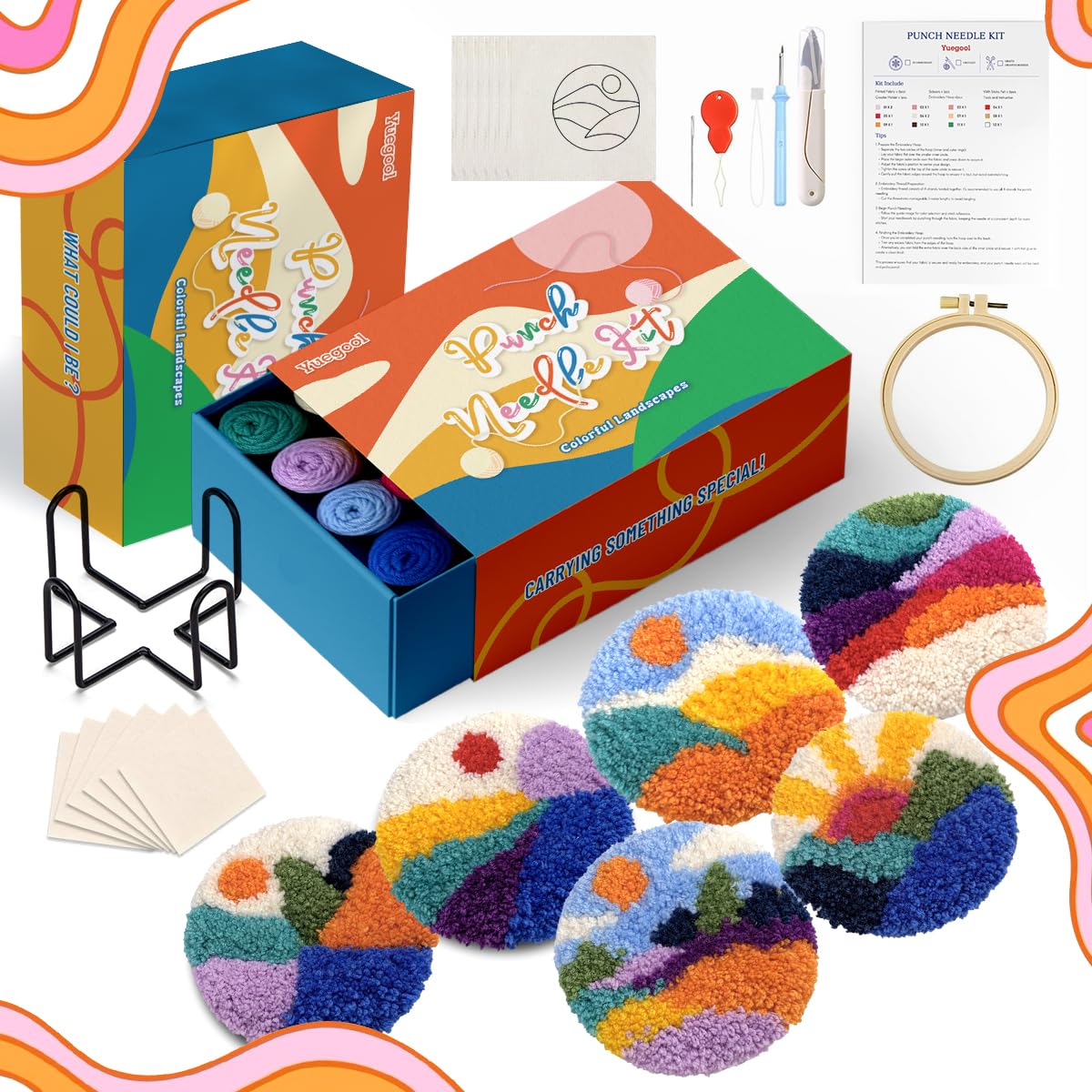 Photo 1 of yuegool 6PCS Landscapes Punch Needle Coasters Kit,Easy DIY Punch Needle Embroidery Kit for Beginners Adults Kids Including Patterns, Tools, Yarns, Hoop, Instruction, Coaster Holder Art Craft Supplies