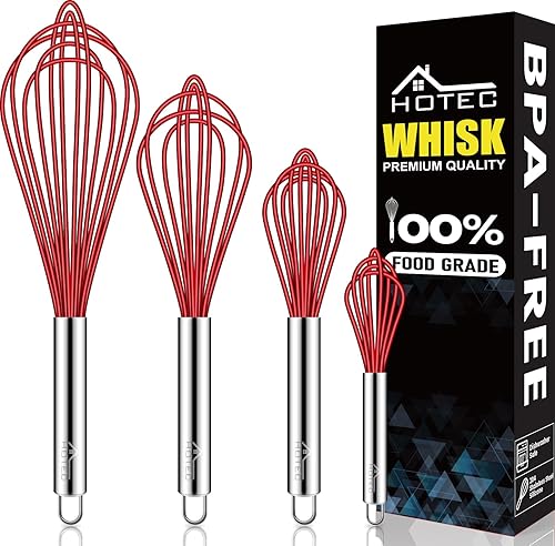 HOTEC 4 Pieces Silicone Whisks Set, Wire Balloon Whisks Egg Beater, Non-slip Handle Whisk for Non-stick Cookware Perfect for Cooking, Stirring, Beating and Blending (Red)