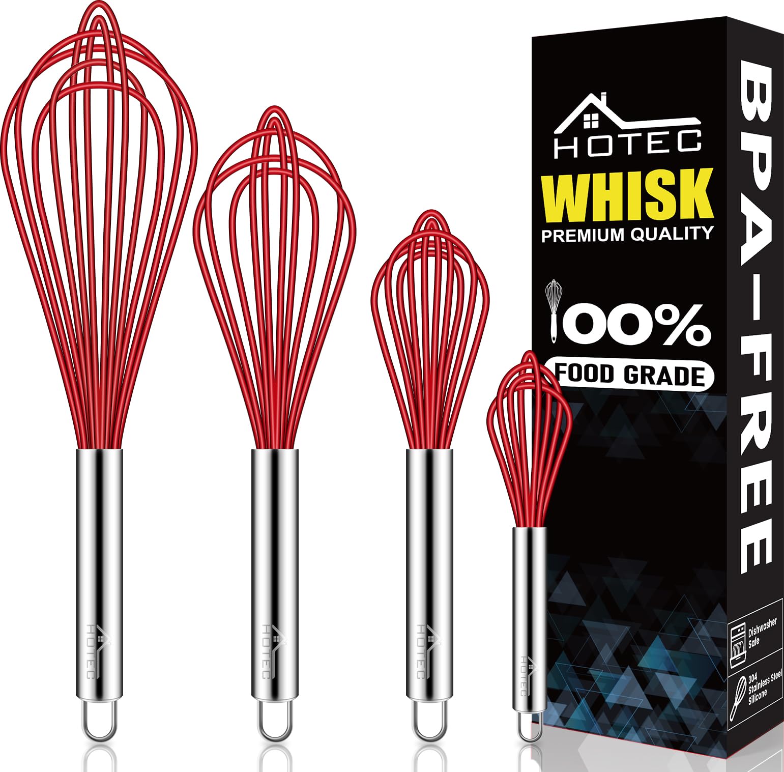 Photo 1 of HOTEC 4 Pieces Silicone Whisks Set, Wire Balloon Whisks Egg Beater, Non-slip Handle Whisk for Non-stick Cookware Perfect for Cooking, Stirring, Beating and Blending (Red)