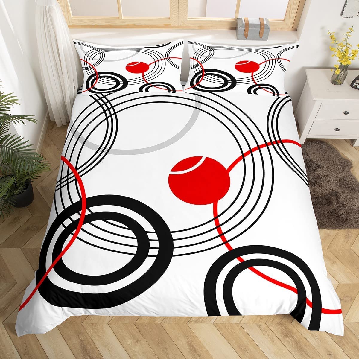 Retro Circle Comforter Cover White Black Red Bedding Set Simple Style Duvet Cover for Children Kids Boys Girls Microfiber Modern SBedspread Cover Single Size