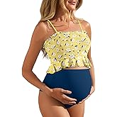 Summer Mae Maternity High Waist Swimsuit Ruffle Hem Bikini Bathing Suit Shirred Bandeau Two Piece Pregnancy Swimwear