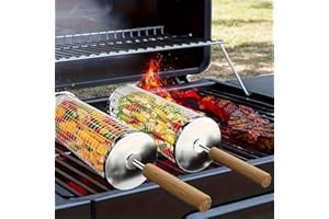 Stainless Steel BBQ Tool Set with Wooden Handle, Heavy Duty Portable Outdoor Grill Basket and Tongs Even Heat for Camping Bac