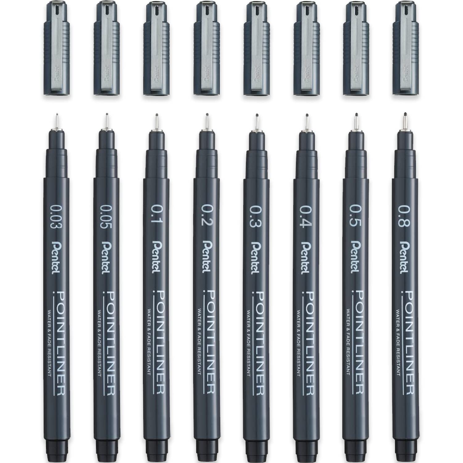 Pentel S20P Pointliner Pigment Liner Technical Drawing Fineliner Pen - 0.03mm, 0.05mm, 0.1mm, 0.2mm, 0.3mm, 0.4mm, 0.5mm, 0.8mm - Black Ink - Pack of 8