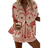 LOVESHOOT 2 Piece Short Sets for Women Summer Boho Short Seeve Botton Down Shirts Matching Shorts Set Beach Vacation Clothes