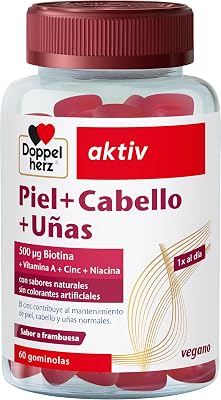 Piel+Cabello+Uñas - Gominolas con Vitaminas A, C, E & B6-500 μg Biotina, Zinc, Selenio - 60 Gomitas Blandas Veganas- Sabor Frambuesa - Doppelherz
