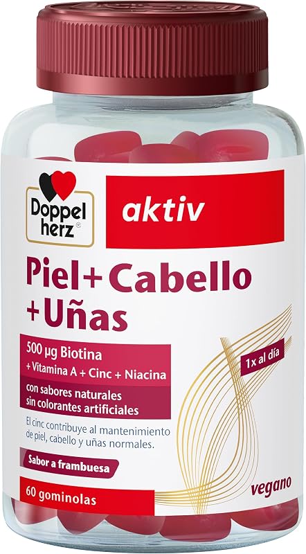 Piel+Cabello+Uñas - Gominolas con Vitaminas A, C, E & B6-500 μg Biotina, Zinc, Selenio - 60 Gomitas Blandas Veganas- Sabor Frambuesa - Doppelherz