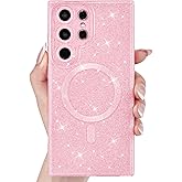 Svanove Glitter Case for Samsung Galaxy S25 Ultra Phone Case Magnetic Compatible with Magsafe Cute, Sparkle Bling Shiny Sparkly Girly Aesthetic Hard Glittery Mag Safe Cover for Women Girl, Light Pink