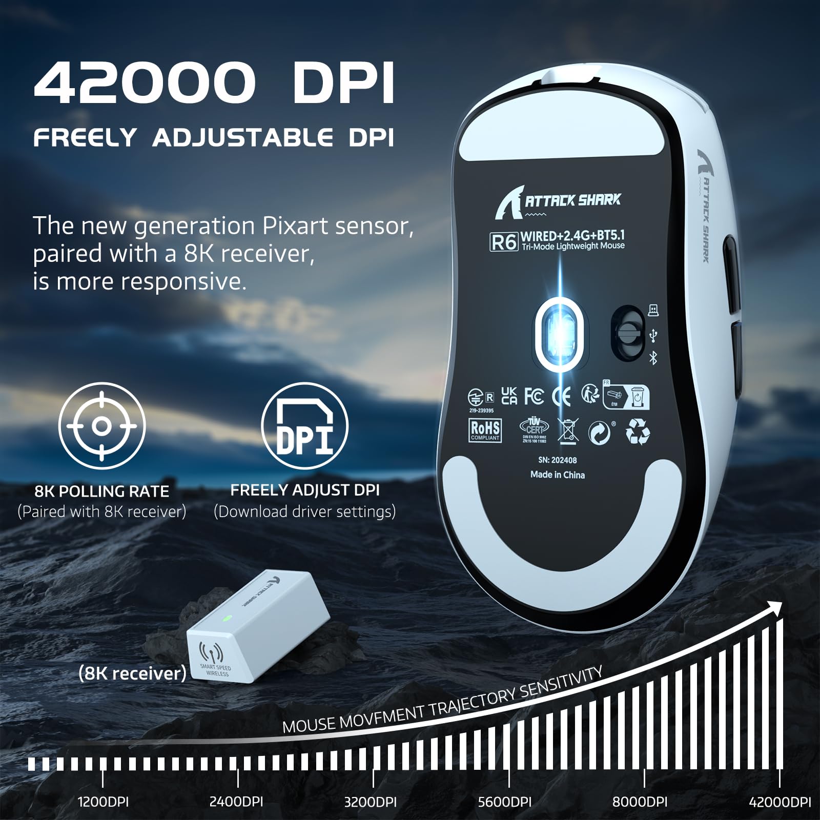 ATTACK SHARK R6 Gaming Mouse Wireless 2.4Ghz/Bluetooth/Type-C, PAW3950Max, 8K Polling Rate, 50 to 42,000 DPl Adjustable, Nordic 52480, 39g Super-lightweight Optical Mouse, for PC/Mac/Linux/Xbox-White