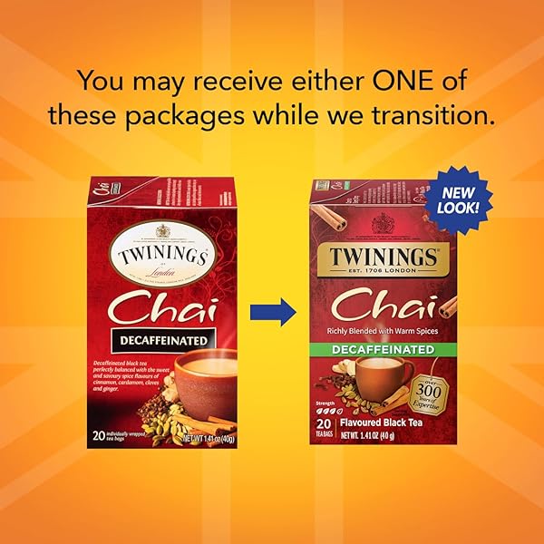 TWININGS DECAFFEINATED CHAI TEA, BLACK TEA BLEND WITH CINNAMON, GINGER, CARDAMON, CLOVES FOR A SWEET AND SPICY FLAVOR, 20 COUNT