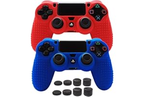 PS4 Controller Grips,Pandaren Studded Anti-Slip Silicone Cover Skin Set Compatible for PS4 /Slim/PRO Controller(Skin x 2 + FPS PRO Thumb Grips x 8)(Red,Blue)