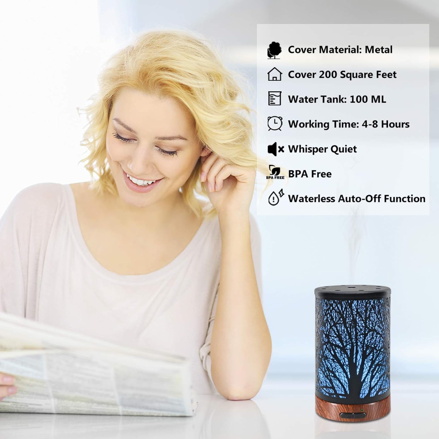 EQUSUPRO Essential Oil Diffuser 100ml Metal Aromatherapy Diffuser Ultrasonic Cool Mist Humidifier with Waterless Auto Shut-Off Protection, 7 Colors Changed LED for Home Office SPA Yoga (Tree) : Beauty