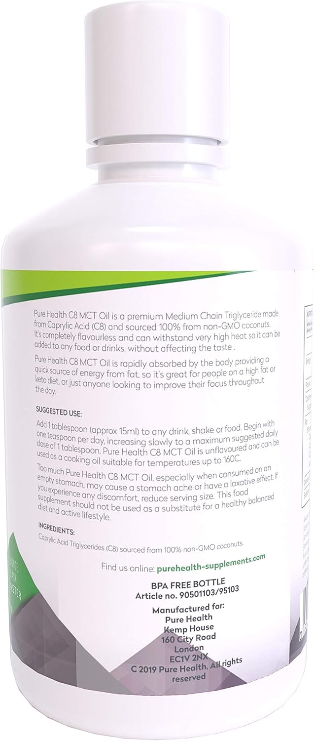 Pure Health C8 MCT Oil, Premium 100% Coconut Zero Palm Oil, Perfect for Keto Diets Fasting & Bulletproof Coffee, Non-GMO, BPA Free(1L) - Image 5