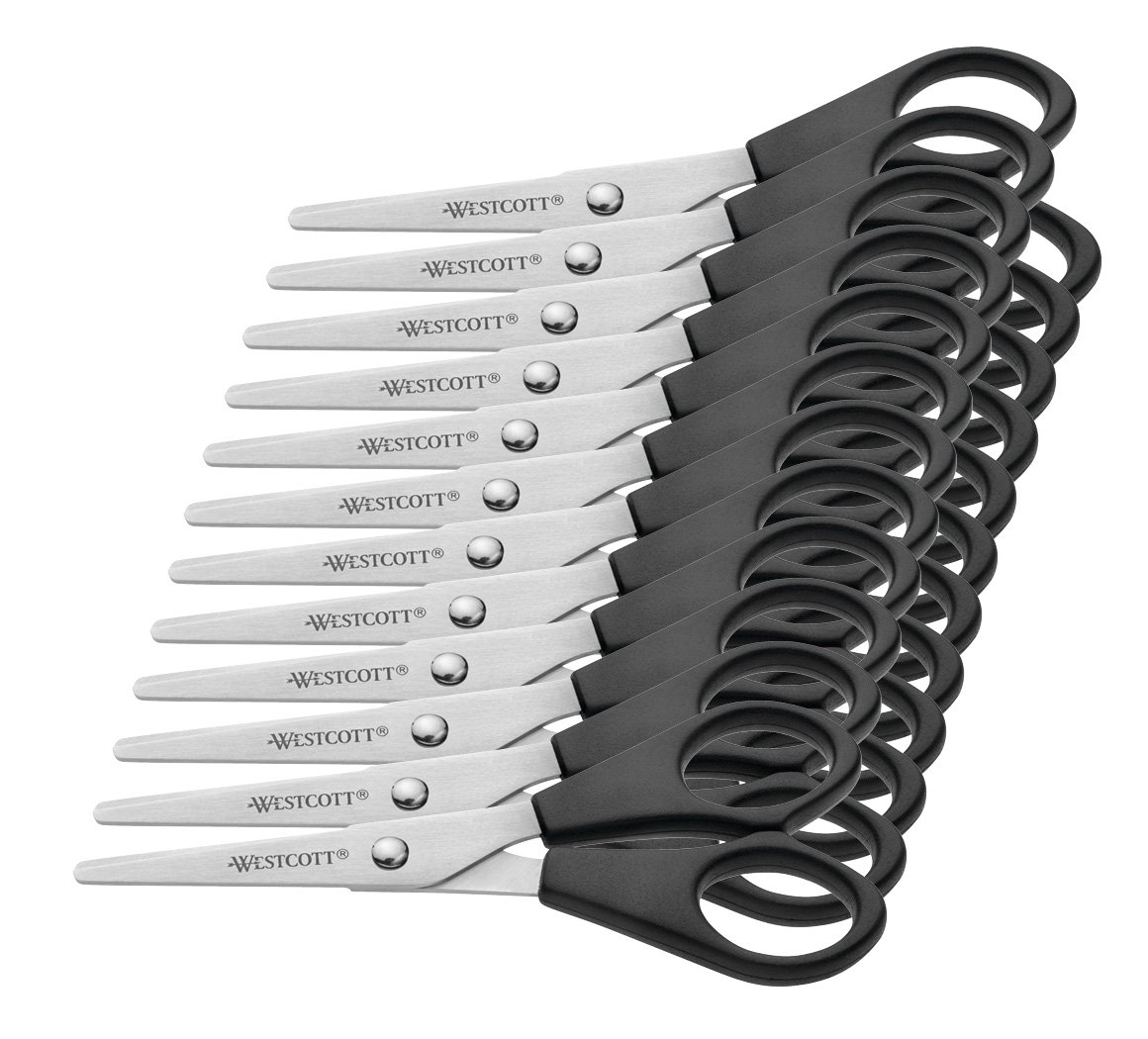 Westcott E-31150 00 Office Scissors with Stainless Steel Blades and Black Plastic Handles, 13 CM Blades, 12 Pieces