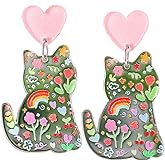 Funny Cute Acrylic Polka Dot Flower Printed Cat Earrings Handmade Resin Transparent Cartoon Cat Pets Animals Dangle Earrings for Women Cat Lovers Jewelry Gifts