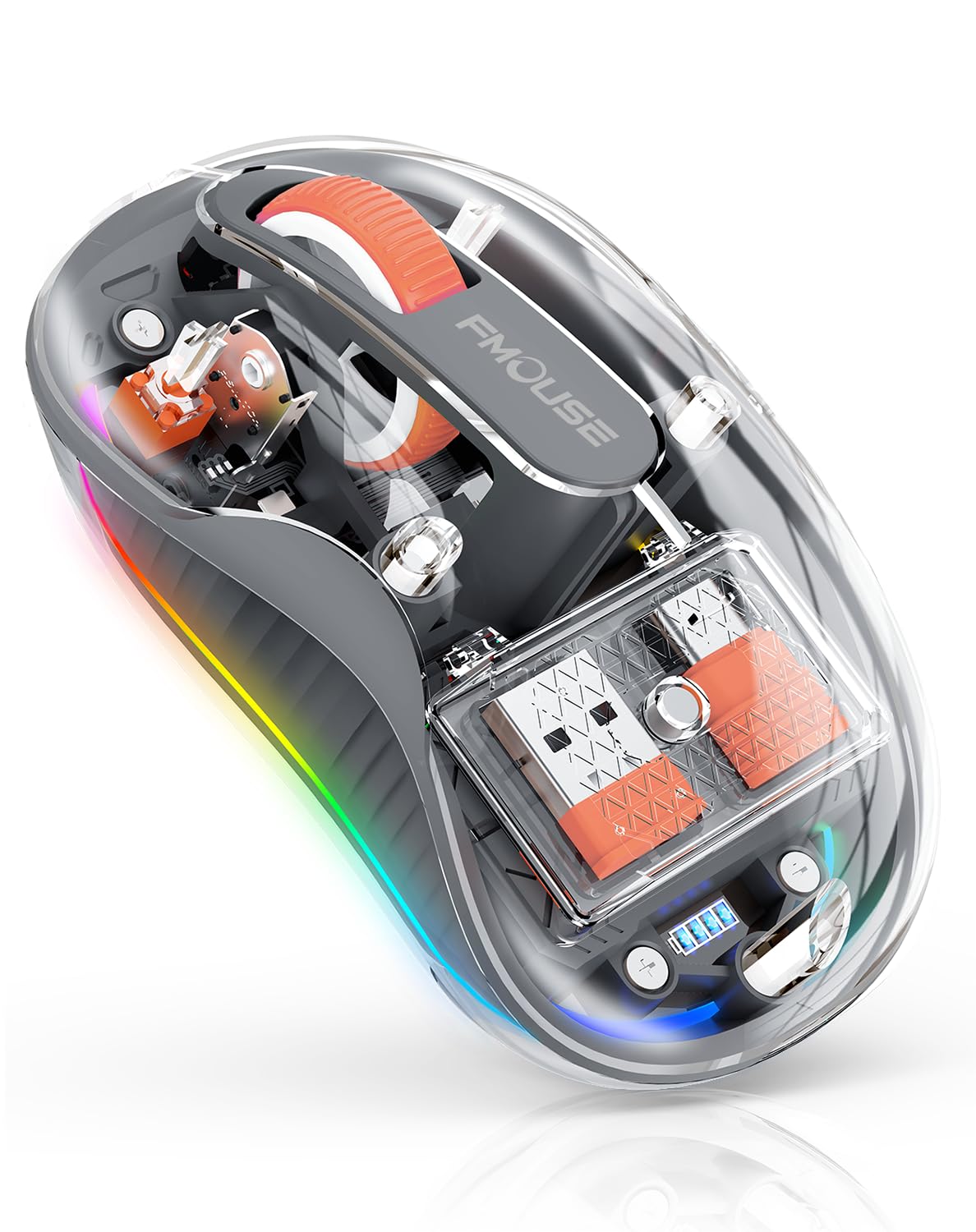 Photo 1 of FMOUSE Creative Transparent Wireless Mouse, Dual Bluetooth & 2.4GHz for Multi Device, USB-C Receiver Ideal for MacBook/Laptops, Rechargeable, Silent, Portable, Cool LED, Ergonomic - Grey