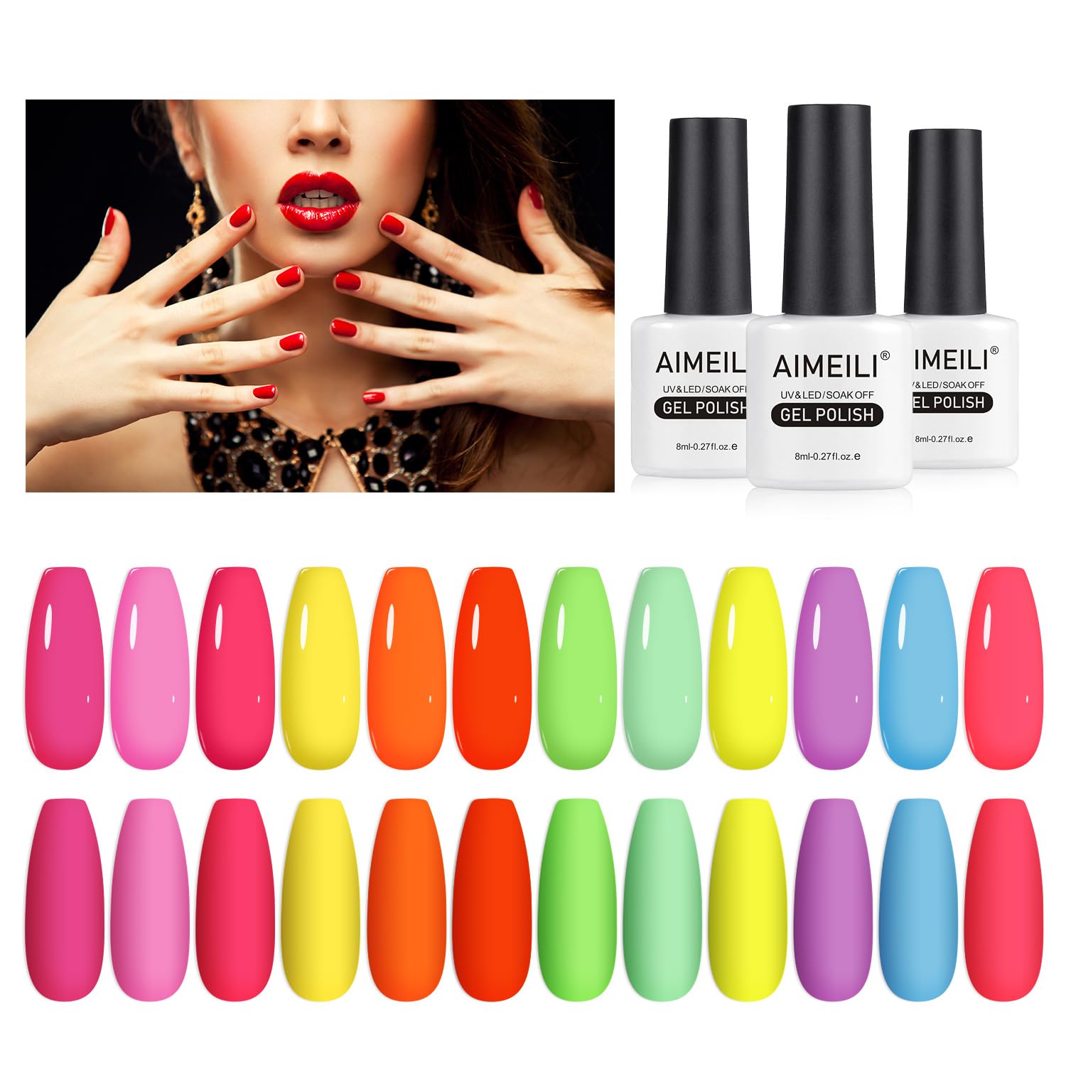 AIMEILI Neon Gel Nail Polish Set, 8ml 12 Colours Spring Summer Pink Red Orange Green Blue Purple Gel Polish Soak Off UV LED Gel Nail Polishes Nail Art Gel Polish Gift Kit 25