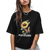 You are My Sunshine T Shirts for Women Graphic Short Sleeve T Shirts Sunflower Butterfly Girly Pattern Cotton Crewneck Casual Summer Tops
