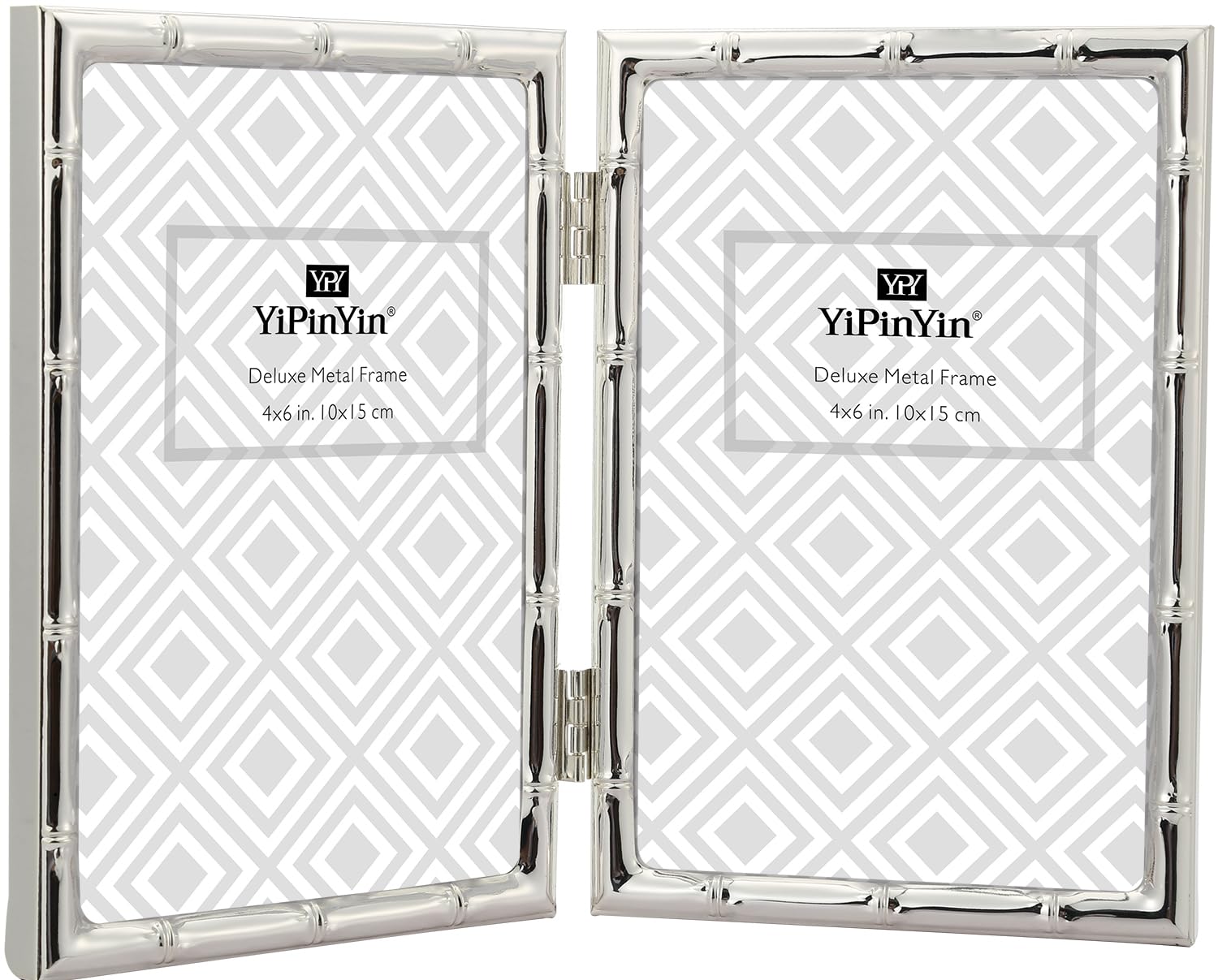 YiPinYin 4x6'' Bamboo D Double Photo Frames, Silver 6x4'' Double Metal Picture Frames, Silver Plated Photo Frames 4 x 6'' With Soft Touch Velvet Backing and Real Glass for Desktop
