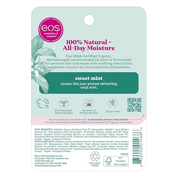 EOS, 100% NATURAL SHEA LIP BALM, SWEET MINT, 2 PACK, 0.39 OZ (11 G)