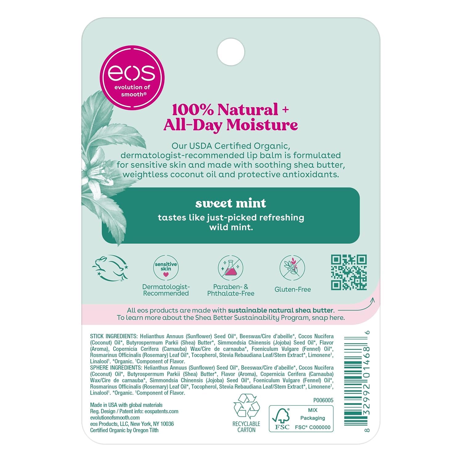 eos, 100% Natural Shea Lip Balm, Sweet Mint, 2 Pack, 0.39 oz (11 g)