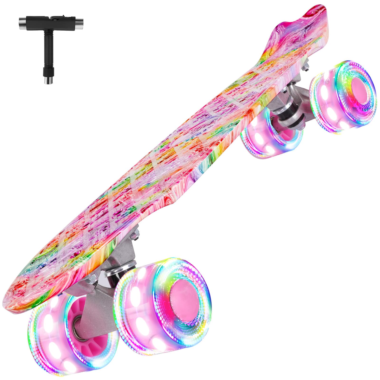 BELEEV 22 inch Skateboards for Kids, LED Light-Up Wheels Cruiser Skateboard for Beginners Girls Boys Teens Adults, Mini Skateboards Classic Complete Skate Board with Skate T-Tool, Max Load 220 LBS