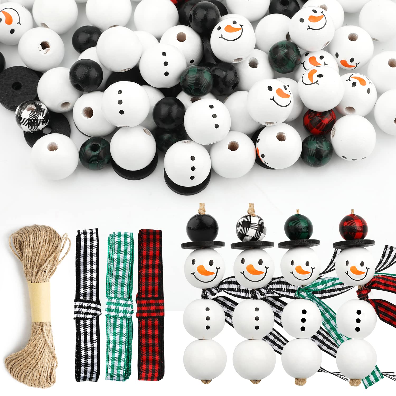 180pcs Christmas Wooden Beads, Christmas Snowman Wooden Bead Winter Buffalo Plaid Beads Buffalo Print Christmas Decorations with DIY Twine Scarf for Craft Garland Party Decor