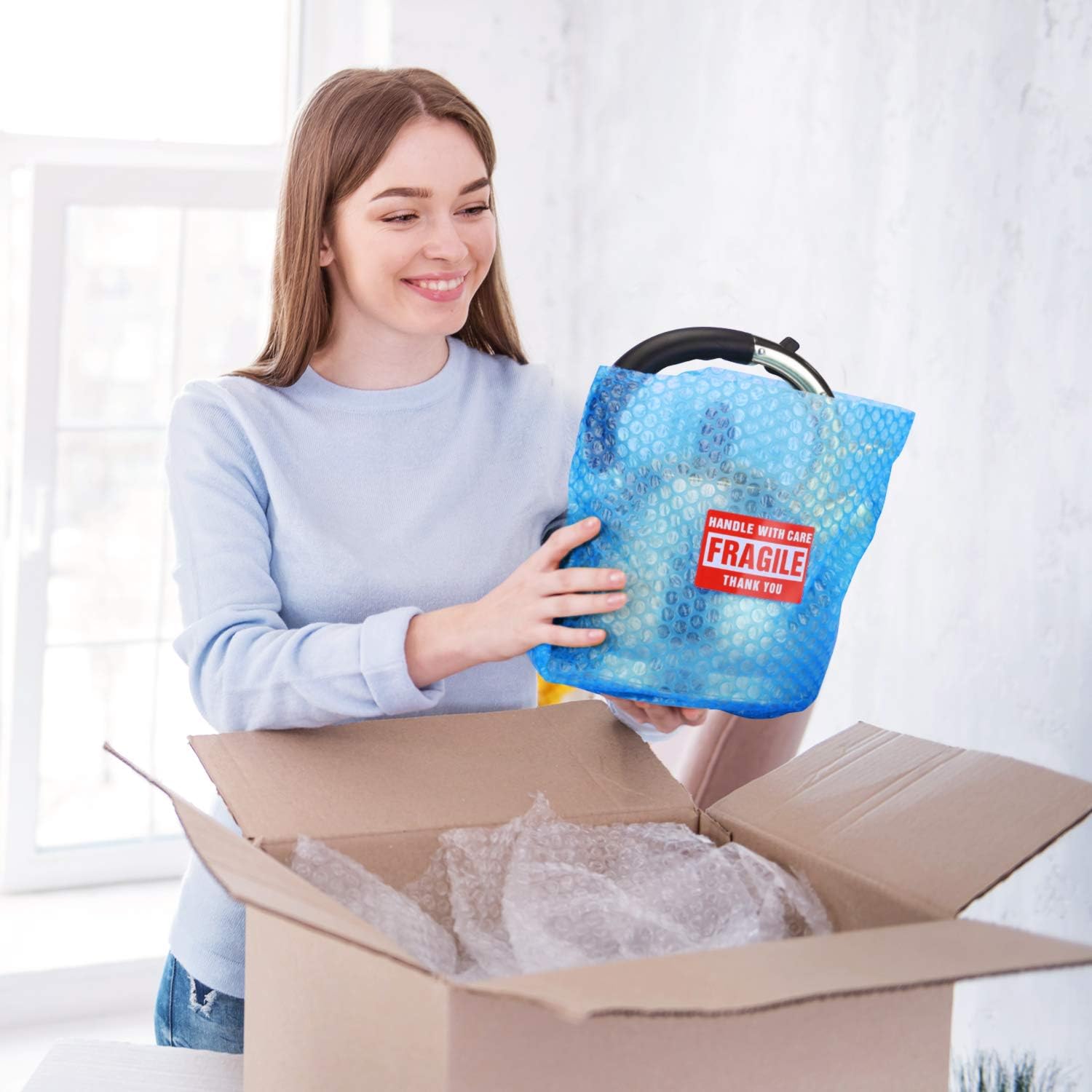 Fuxury Blue 16" Anti-Static Bubble Cushioning Wrap Roll Air Bubble Roll 1 Roll 36 Feet, Perforated Every 12", Included 10 Fragile Sticker Labels for Packaging Moving Shipping Boxes Supplies : Office Products