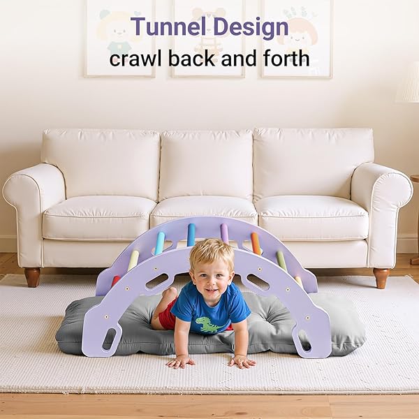 COSYLAND KIDS CLIMBING ARCH ROCKER WITH CUSHION – SOLID WOODEN TODDLER CLIMBING TOYS INDOOR WITH HANDRAILS ON EACH SIDE – INDOOR PLAYGROUND ARCH PIKLER CLIMBING LADDER (PURPLE FRAME, RAINBOW STICKS)