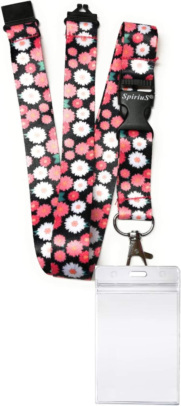 SpiriuS Safety Breakaway Lanyard Neck Strap with Waterproof ID Badge Card Holder with Detachable Metal Clip Flowers Design 2cmx43cm (Multi Daisies + Waterproof Holder)