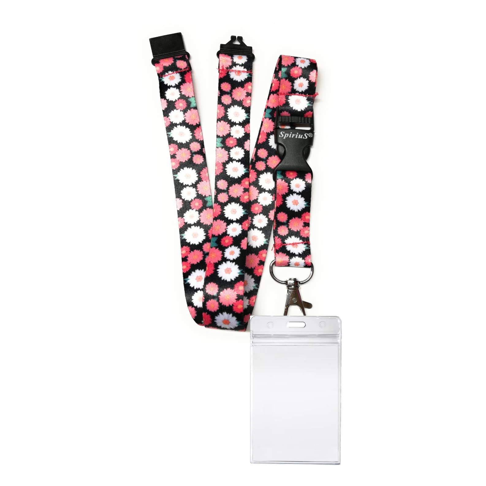 SpiriuS Safety Breakaway Lanyard Neck Strap with Waterproof ID Badge Card Holder with Detachable Metal Clip Flowers Design 2cmx43cm (Multi Daisies + Waterproof Holder)