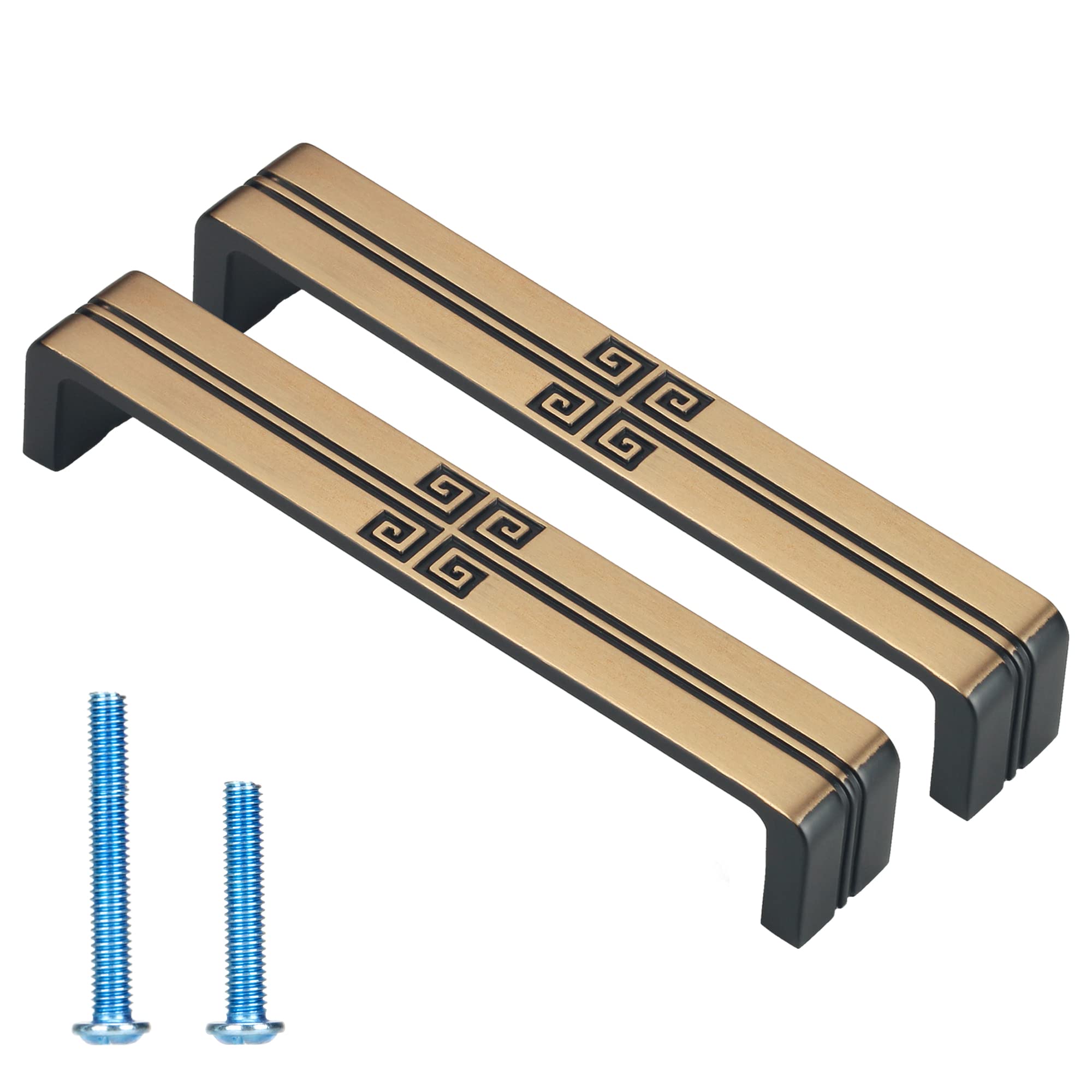 WELLOCKS Cabinet Handles Pulls 10 Pack 5.04”(12.7cm) Hole Center Brushed Retro Gold with Classic Pattern Metal Drawer Pulls Bar Cabinet Hardware for Home Improvement Refresh(D023)