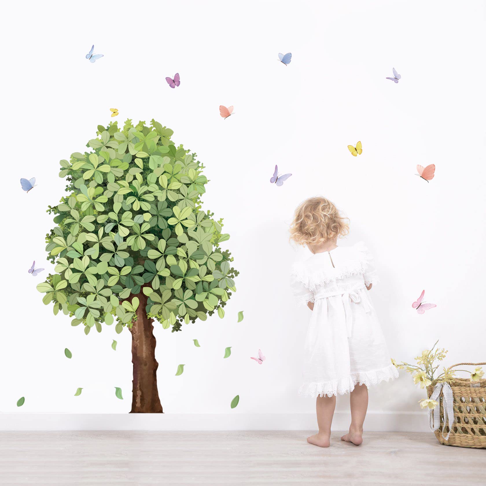 Runtoo Large Green Tree Wall Decal Plant Butterfly Wall Stickers for Living Room Bedroom Classroom Kids Nursery Wall Decor