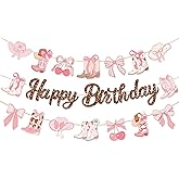 JeVenis Rodeo Birthday Banners Western Cowboy Decorations Boots Bows Banner Coquette Birthday Decor for Western Theme Supplies (Pink)