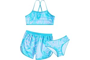 Funnycokid Girls Swimsuit 3 Piece Hawaii Bathing Suit Bikini Set with Shorts Swimwear 7-14 Years