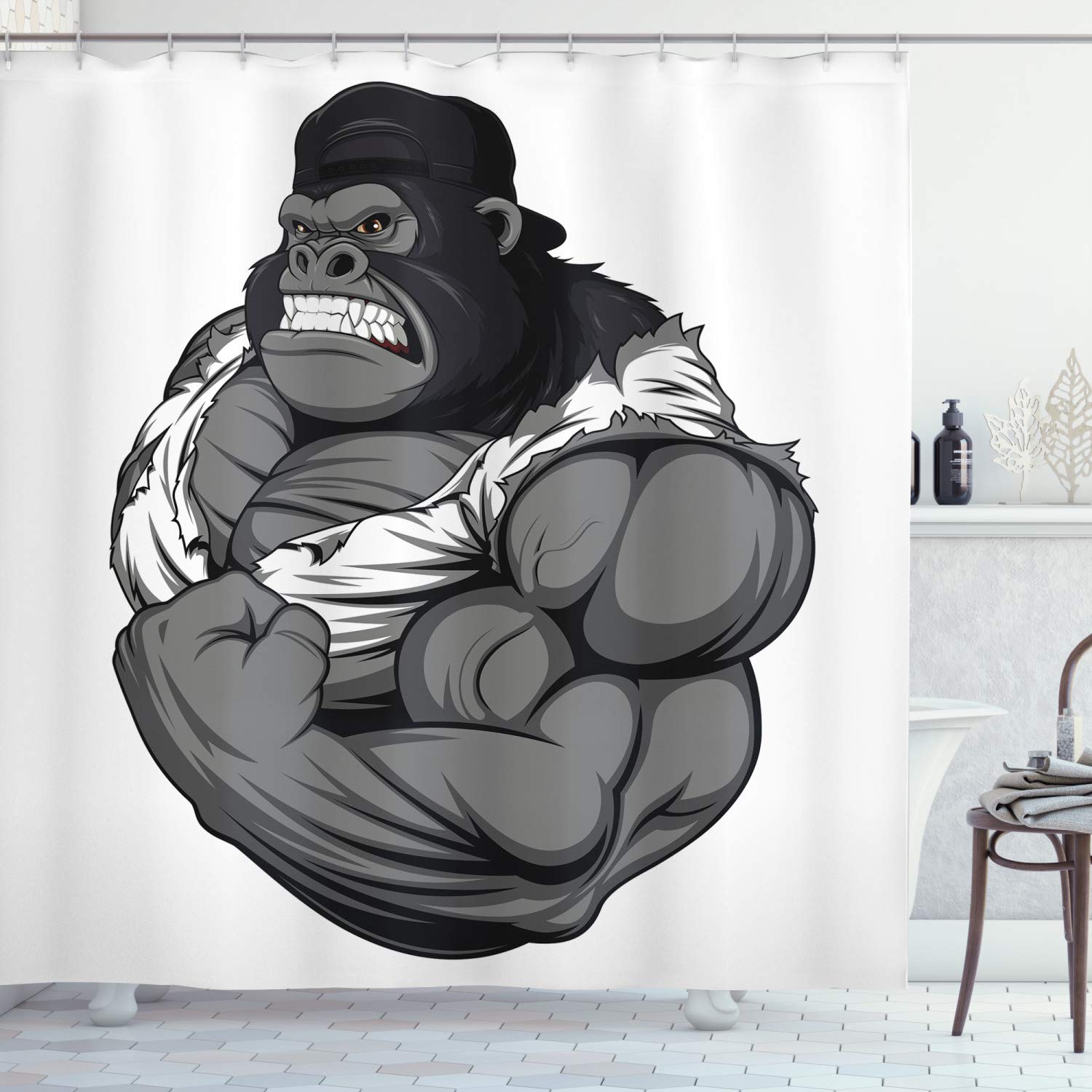 ABAKUHAUS Cartoon Shower Curtain, Image of Big Gorilla Like as Professional Athlete Bodybuilding Gym Animal, Cloth Fabric Bathroom Decor Set with Hooks, 86 Inches Extra Long, Black White Grey