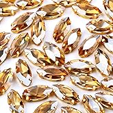 50Pcs Sew on Rhinestones 9x18 mm Flatback Glass Rhinestone Horse Eye Rhinestones with Gold Claw for DIY Crafts Clothes Bag Shoes,Champagne