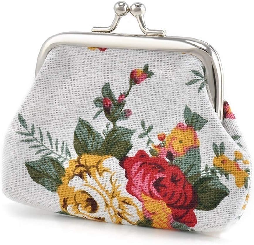 Aland Vintage Flower Canvas Women Hasp Clutch Buckle โ Coin Purse โ Cash Card Holder Bag Jewelry Double-Sided Glass Ball time Jewel Necklace Moon Series Pendant White
