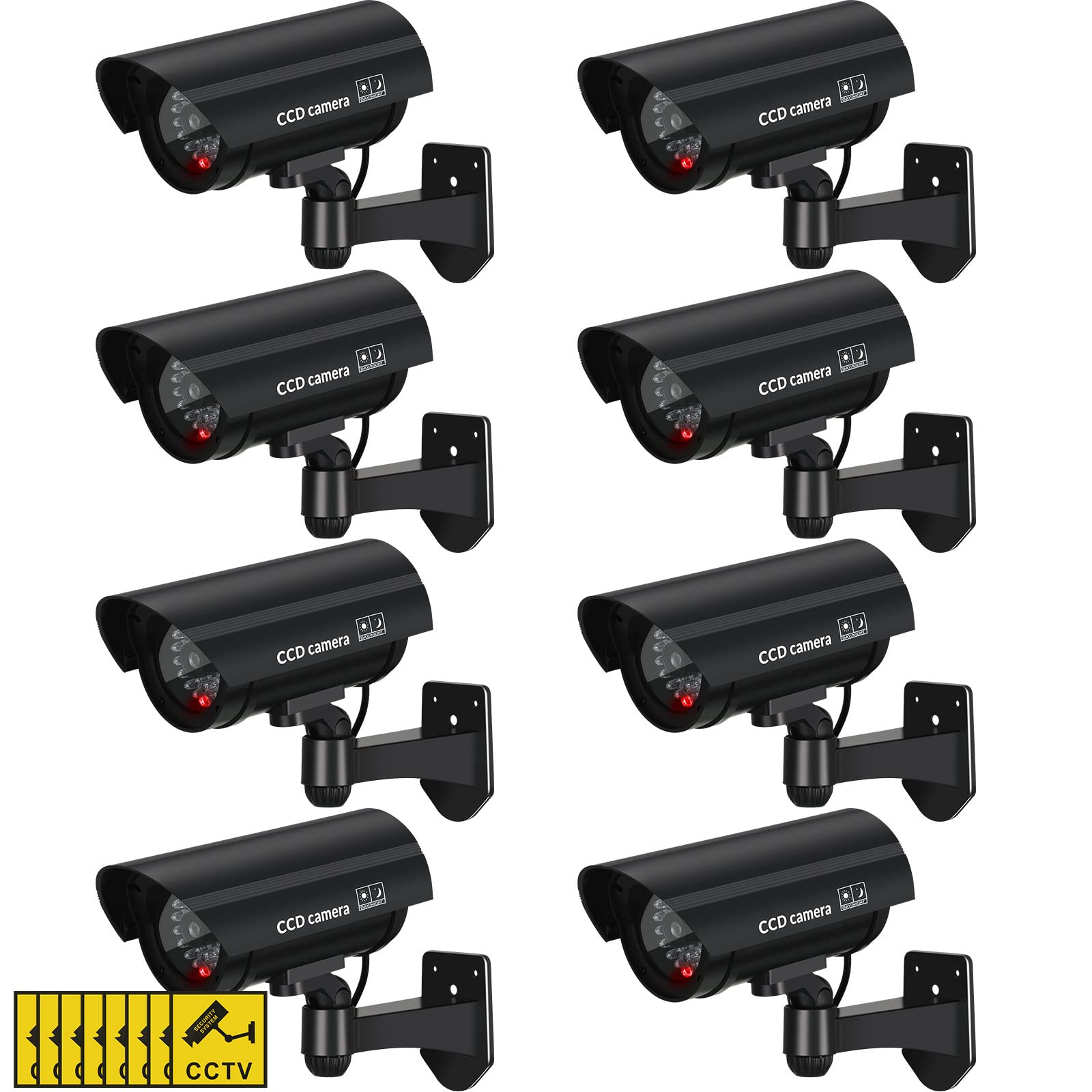 Photo 1 of Macarrie 8 Pcs Fake Camera Realistic Dummy Security Camera Plastic Fake Video CCTV Surveillance System with Motion LED Light for Home Outdoor Indoor, No Battery Included(Black)