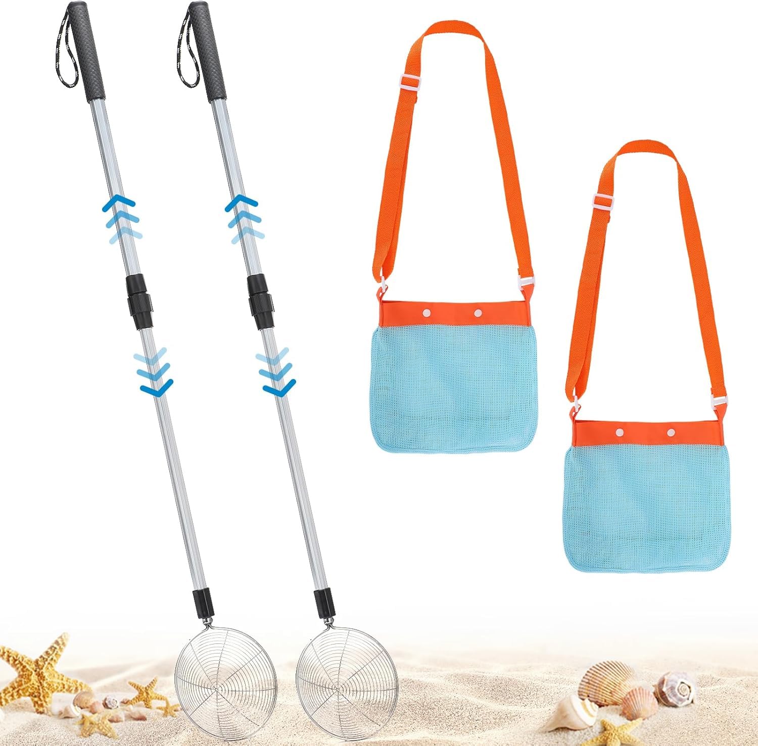 KAHEIGN 2Pcs Sand Sifters with Seashell Bags, 55CM - 84CM Adjustable Shark Tooth Sifter Mesh Shovel Scooper with Retractable Handle for Picking Up Shells Beachcombing & Rock Hunting