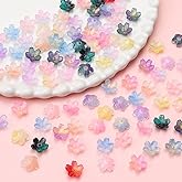 Juimtien 100Pcs Cherry Blossom Glass Flower Beads Translucent Gradient Colorful Floral Beads Mini Flower Charm for DIY Jewelry Making