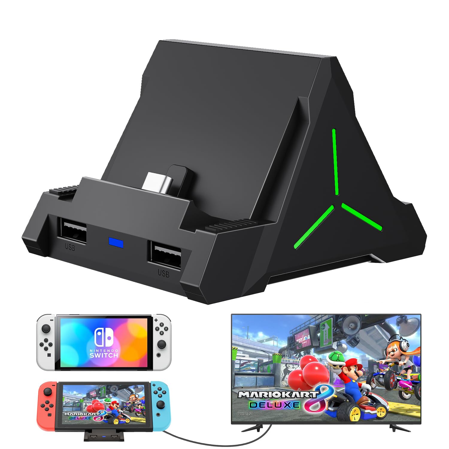 TOOMU TV Dock Station for Switch/OLED, 4K HDMI/USB C/USB 3.0 Ports, LED Atmosphere Light, Holds 4 Game Slots