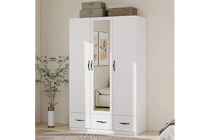 ModMakers 74.2" H Mirror 3 Doors Closet Wardrobe 3 Drawers White Wood Wardrobe Closet Armoire Freestanding Bedroom Closet Cabinet Armoire with Hanging Rod Wooden Clothes Storage Organizer