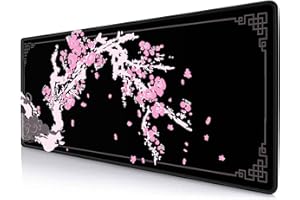 SXCKANG Japanese Pink Cherry Blossom Desk Pad, Black Long Mouse Pad Deskmat, Cute Desk Mat for Desktop, Women Computer Laptop