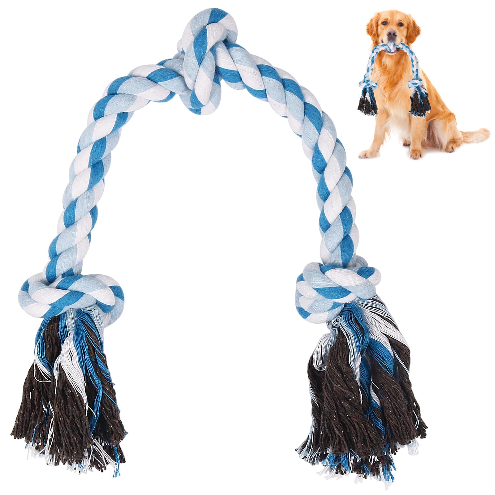 SZEETECH Dog Rope Toy for Aggressive Chewers, 63cm 3 Knots Tough Chew Pull Toy for Large and Medium Dogs, Natural Cotton Pull Rope for Tug of War and Teeth Cleaning (Blue)
