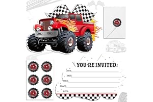 Humyoun 30 Sets Monster Truck Birthday Christmas Invitations with Envelopes Stickers Race Car Invitations for Boy Kids Birthday Party Supplies Decoration