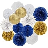 Navy-Blue White Gold Party Decorations - 14pcs Kits Paper Lanterns Fan,Tissue Flower Pom Poms Streamers,Honeycomb Balls,Graduation 2025 Men Birthday Wedding Baby Bridal Shower Decor Lasting Surprise