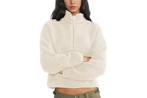 Yioaga Fleece Sweatshirts for Women Cropped Long Sleeve Half Zip Pullover Sherpa Jacket Warm Fuzzy Coats with Pockets