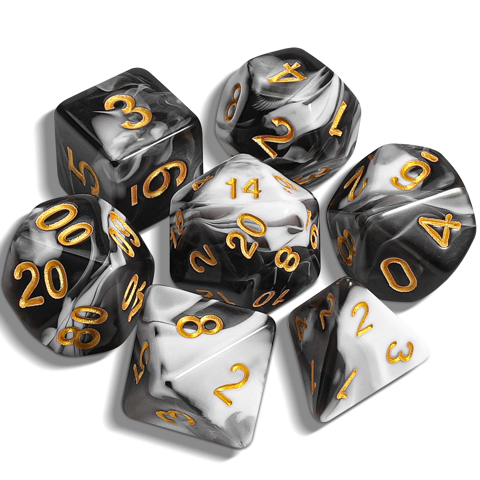 QMAY DND Dice Polyhedral Dice Set - 7 Pieces for Dungeon and Dragons MTG RPG D&D D20, D12, D10, D%, D8, D6, D4 (Black and Whit)
